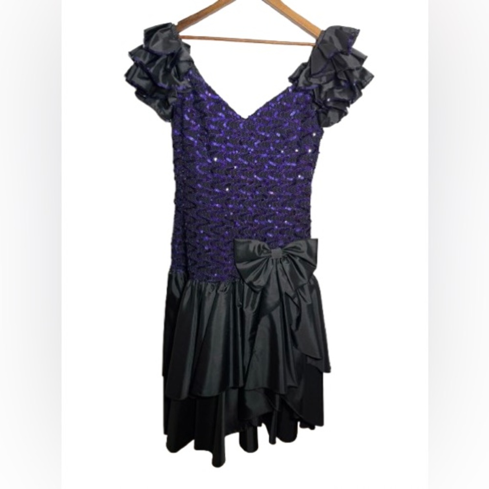 Betsy & Adam Purple Sequin Bodice with Black Ruffle High-Low Dress 80’s prom